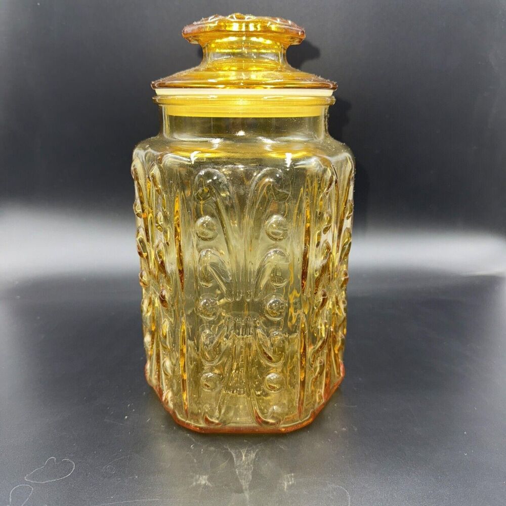 Vintage L E Smith Amber Glass Cookie Jar, Atterbury Scroll Canister